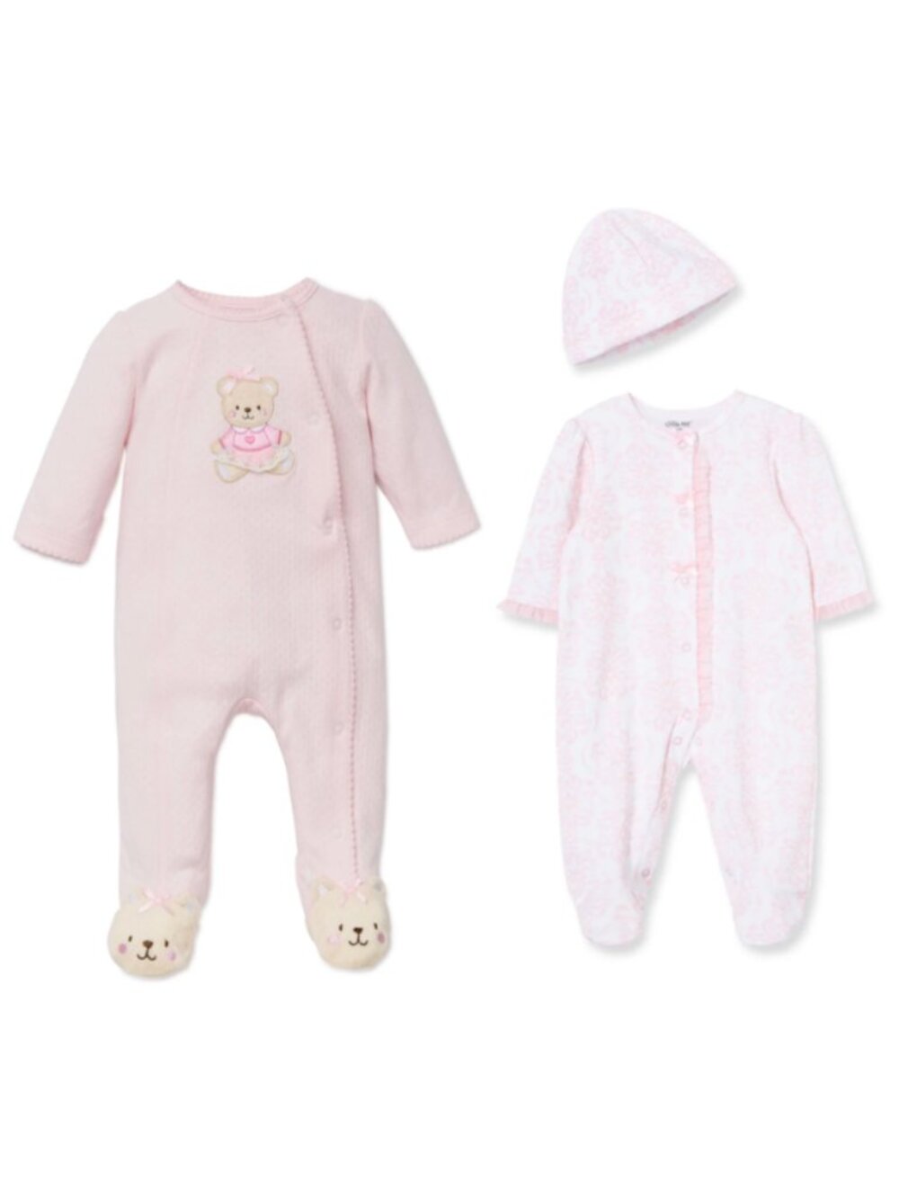 Baby Girls Little Me Pink Teddy Bear and Lace Sleepers Footies Soft Bundle 9 Mo